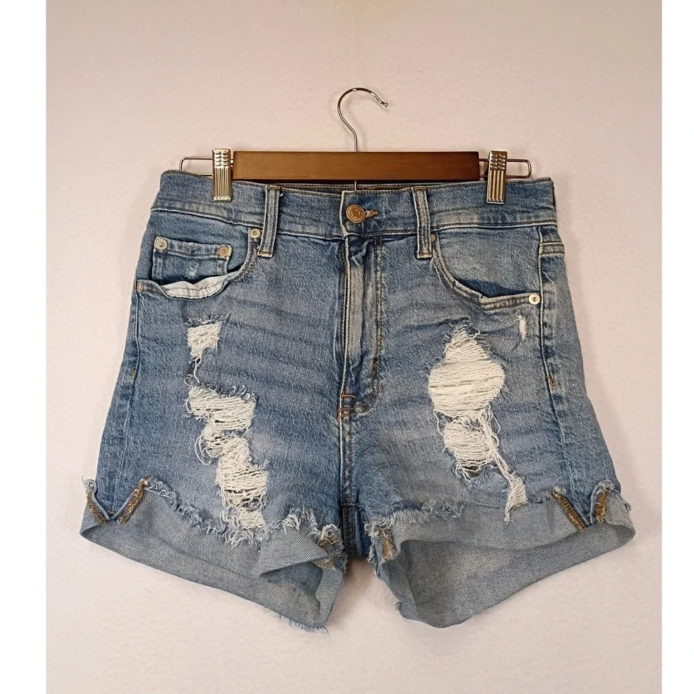 Edgy Distressed Aeropostale Women 2 Blue High Rise Frayed Raw Hem Denim Shorts